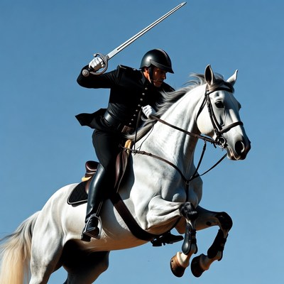 Man on white horse wielding sword