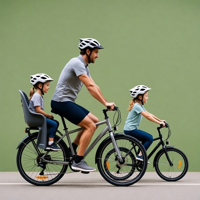 Father biking with two daughters