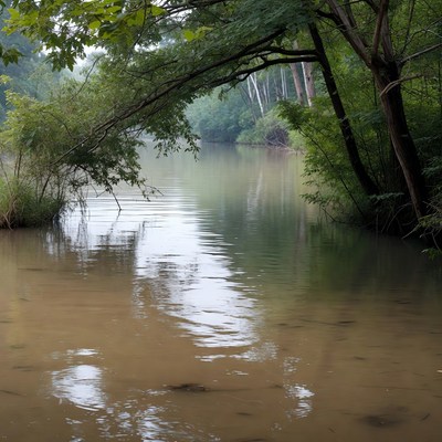 Serene River Framed by Green Trees
