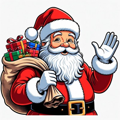 Cartoon Santa Claus waving with gift sack