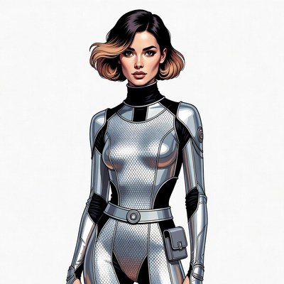 Woman in silver futuristic bodysuit