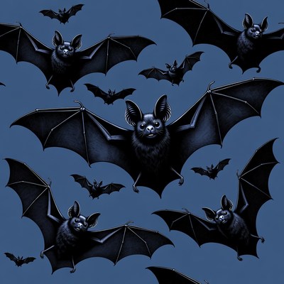Black bats flying on blue background