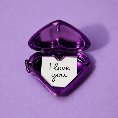 Open purple heart locket with I love you note