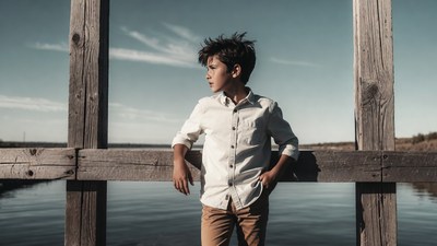 Boy leaning on wooden pier railing
