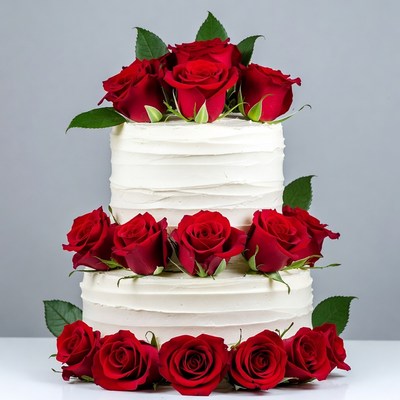 Two-Tier White Wedding Cake with Red Roses