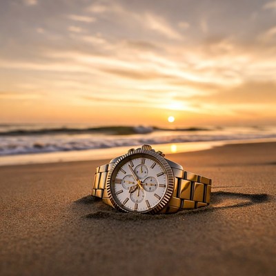 Gold watch on beach sand