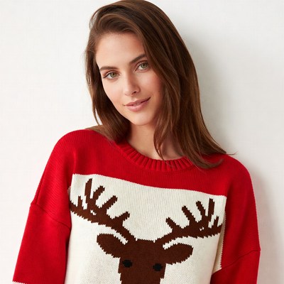 Woman in red reindeer Christmas sweater