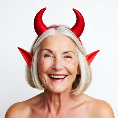 Elderly woman wearing red devil horns