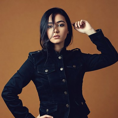 Asian woman in black military jacket