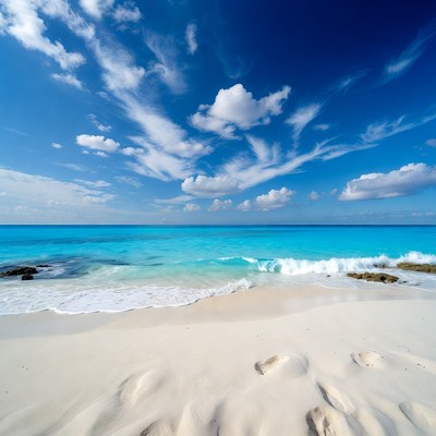 Sandy Beach with Footprints and Turquoise Ocean