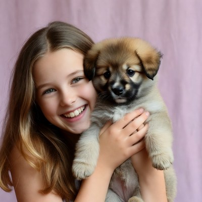 Girl holding cute puppy