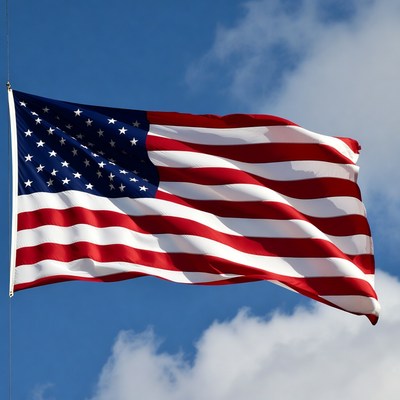 American flag waving against blue sky