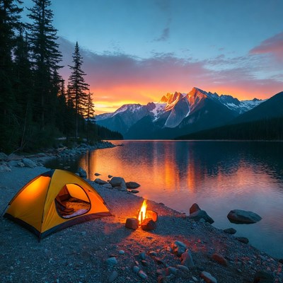 Yellow tent campfire by mountain lake sunset