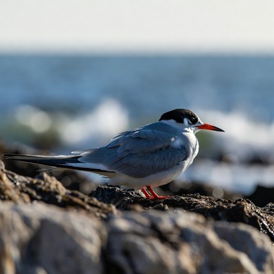Gull-billed Tern on Rocks by Sea