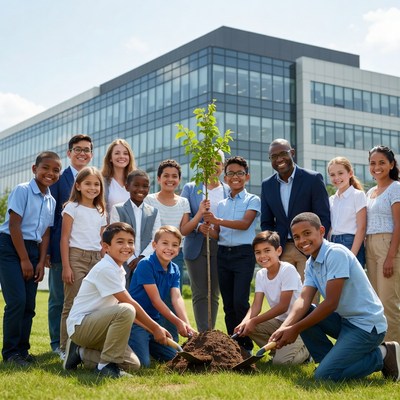 Diverse group planting tree outside office
