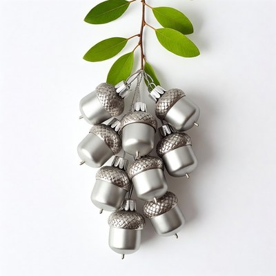 Silver Acorn Ornaments on Green Leaves