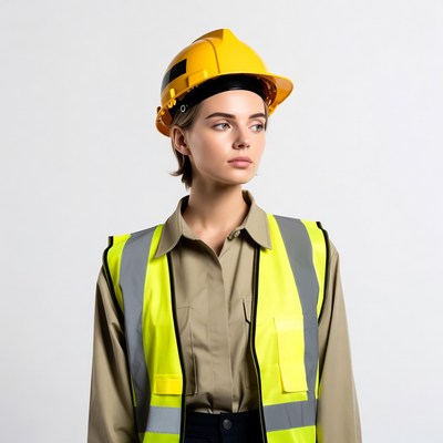 Woman wearing yellow hard hat and vest