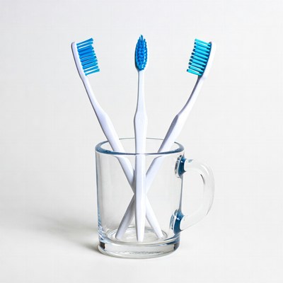 Three toothbrushes in glass cup