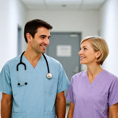 Male doctor and female nurse smiling