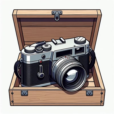 Vintage Camera in Open Wooden Box