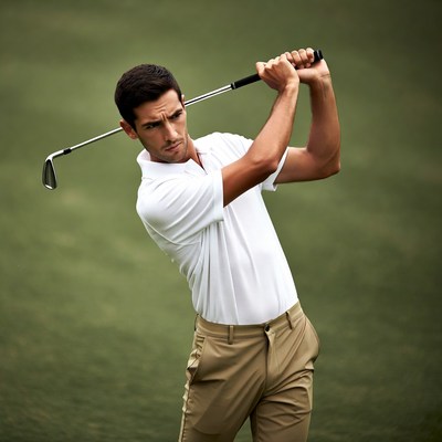 Man swinging golf club on green