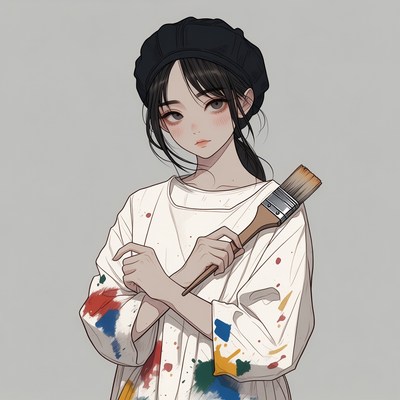 Asian girl artist holding paintbrush