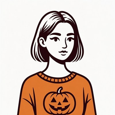 Woman wearing pumpkin Halloween sweater