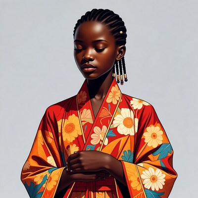 African woman in floral kimono