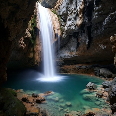 Waterfall cascading into cave pool