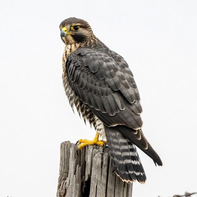 Falcon perched on wooden post