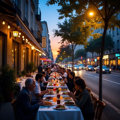 Group dining at outdoor street cafe