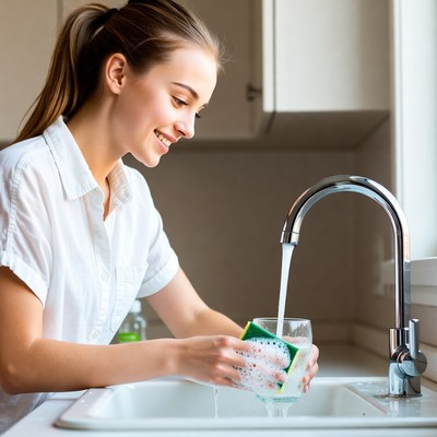 Woman washing glass in kitchen sink