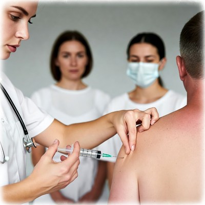 Nurse administering shoulder injection to man