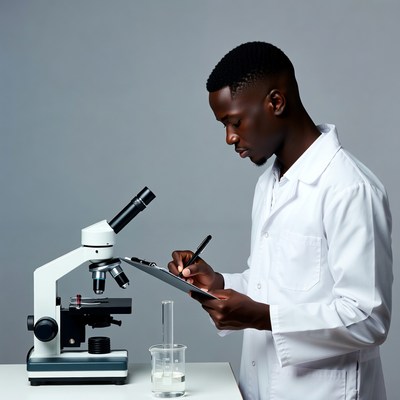 African-American man using microscope in lab