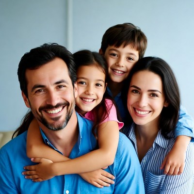 Happy family of four smiling together
