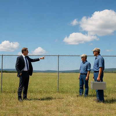 Businessman Pointing at Workers by Fence