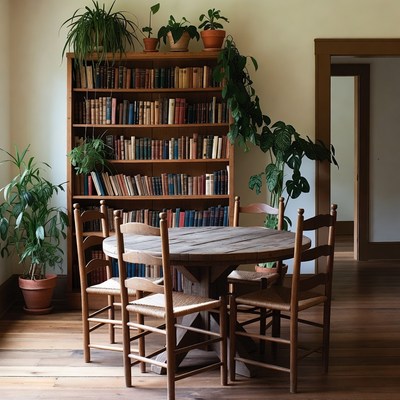 Rustic Wooden Table with Bookshelf