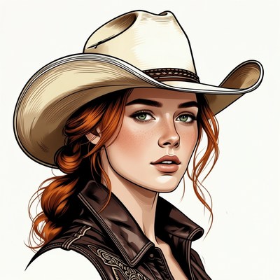 Redhead Cowgirl in White Hat