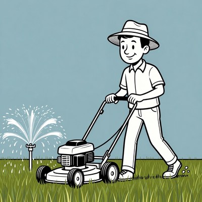 Cartoon man mowing lawn