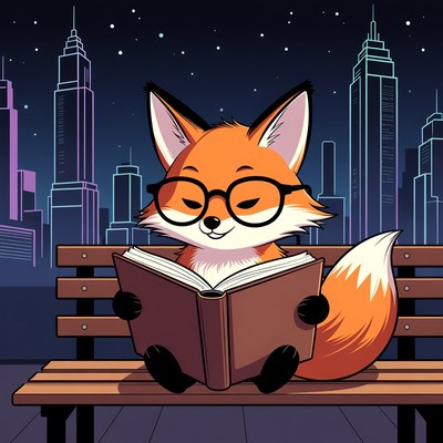 Cute fox reading book on bench
