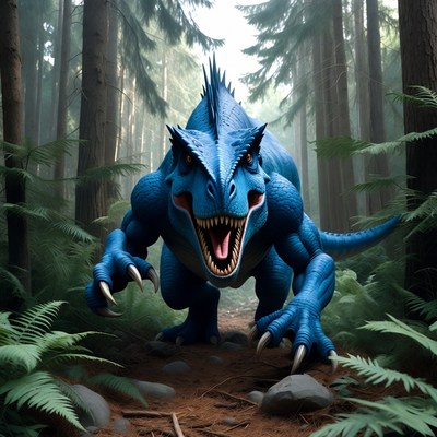 Blue Velociraptor Roaring in Forest