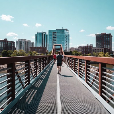 Man jogging on red urban bridge