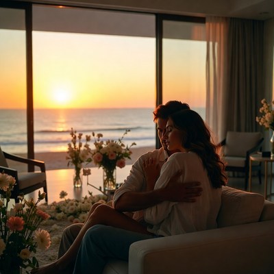 Couple embracing on sofa at sunset