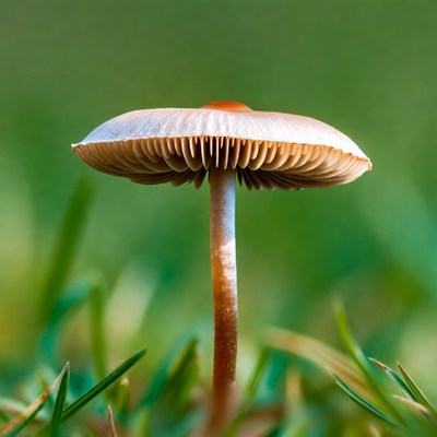 Single mushroom on green grass