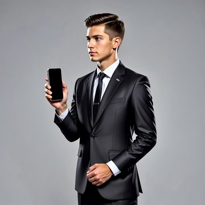 Young man holding blank smartphone