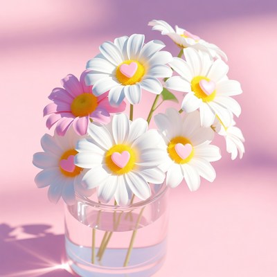 Pink Daisies with Hearts in Glass Vase