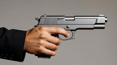 Man's hand holding black pistol