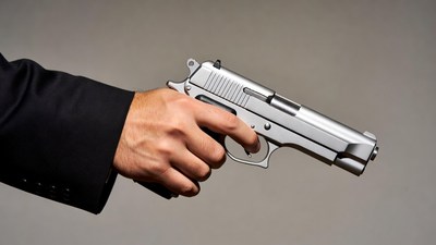 Man's hand holding silver pistol