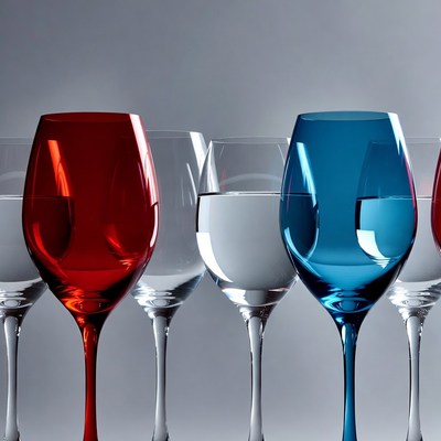 Row of Red Blue Clear Wine Glasses