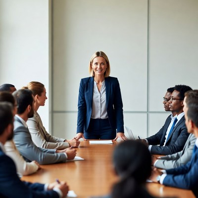 Woman leading diverse business meeting